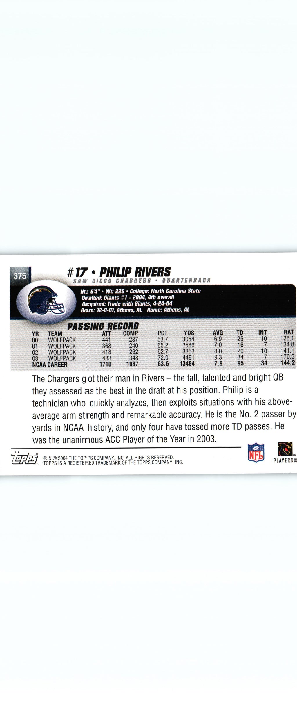 Philip Rivers 2004 Topps #375 RC