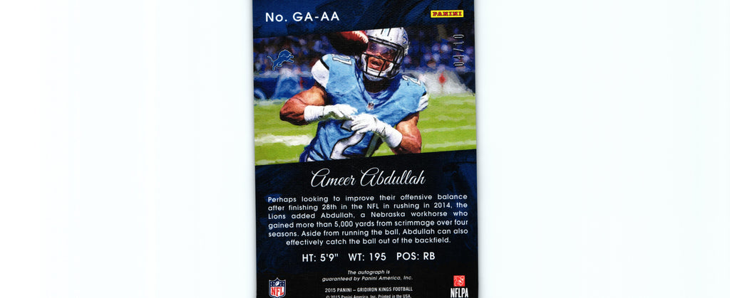 Ameer Abdullah 2015 BLUE Gridiron Kings GA-AA /10 RC AUTO