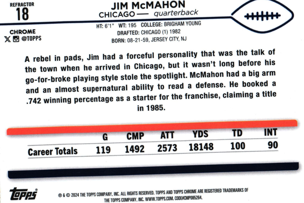 Jim McMahon 2024 Refractor Topps #18