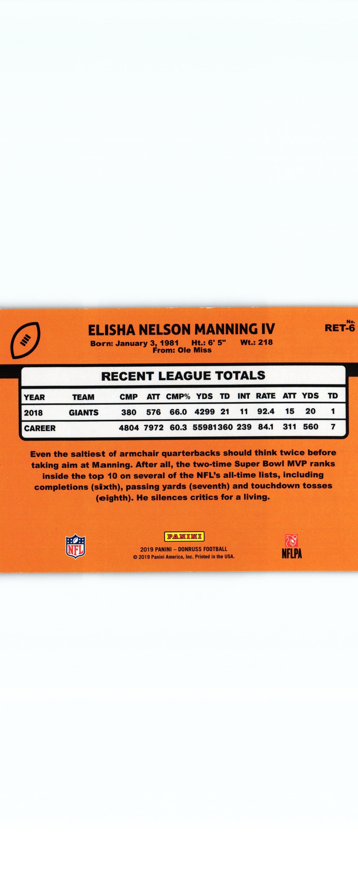 Eli Manning 2019 Donruss RET-6