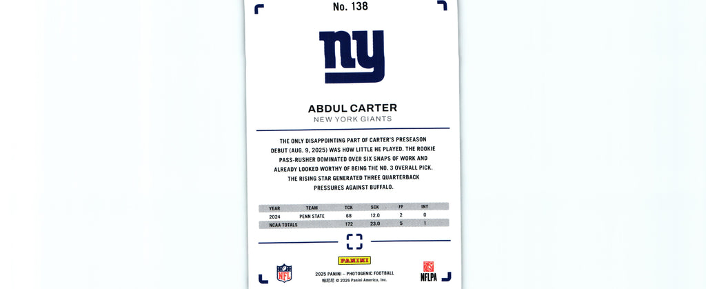 Abdul Carter 2025 Photogenic #138 RC
