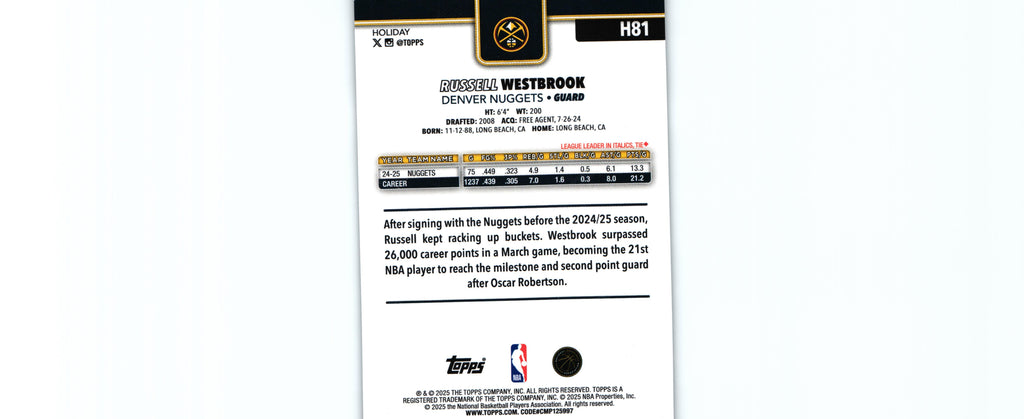 Russell Westbrook 2025 GLITTER Topps H81, Nuggets