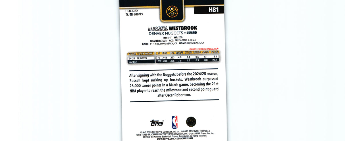 Russell Westbrook 2025 GLITTER Topps H81, Nuggets