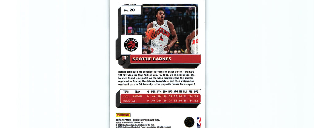 Scottie Barnes 2022 GREEN SHOCK Donruss Optic #20, Raptors