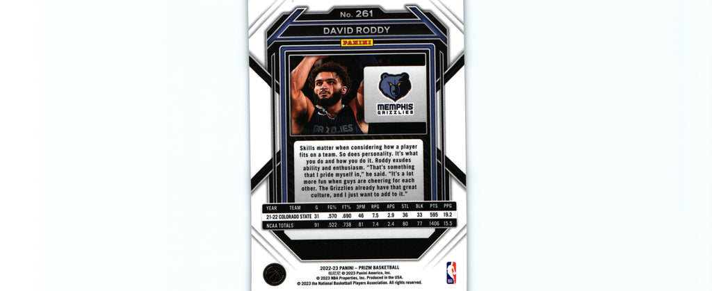 David Roddy 2022 Prizm #261 RC, Grizzlies