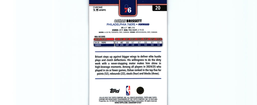 Oshae Brissett 2025 RED WHITE BLUE Topps #20, 76ers