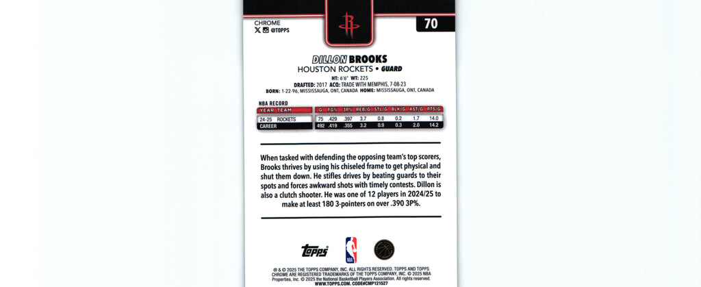 Dillon Brooks 2025 BASKETBALL REFRACTOR Topps #70, Rockets