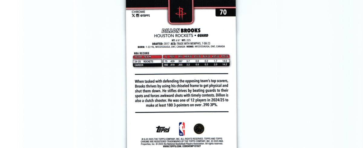 Dillon Brooks 2025 BASKETBALL REFRACTOR Topps #70, Rockets