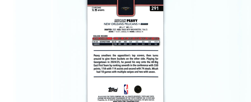 Micah Peavy 2025 Topps #291 RC, Pelicans
