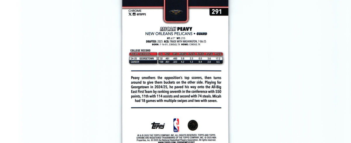 Micah Peavy 2025 Topps #291 RC, Pelicans