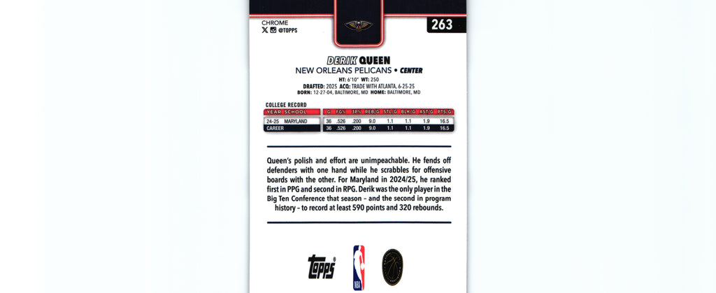 Derik Queen 2025 Topps #263 RC, Pelicans