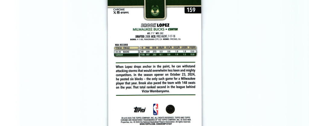 Brook Lopez 2025 Topps #159, Bucks