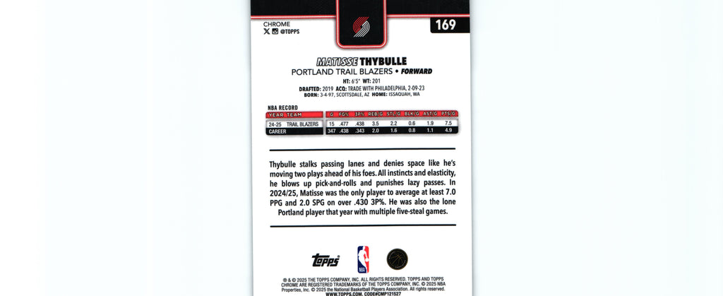 Matisse Thybulle 2025 Topps #169, Trail Blazers