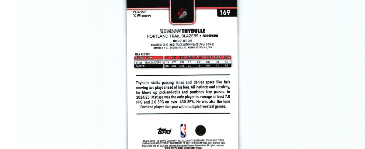 Matisse Thybulle 2025 Topps #169, Trail Blazers