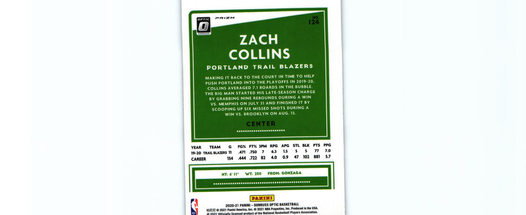 Zach Collins 2020 FASTBREAK Donruss Optic #124, Trail Blazers