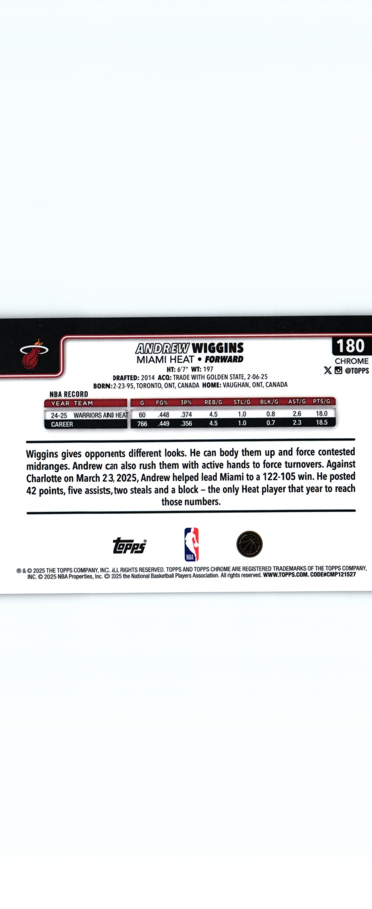 Andrew Wiggins 2025 Topps #180, Miami Heat