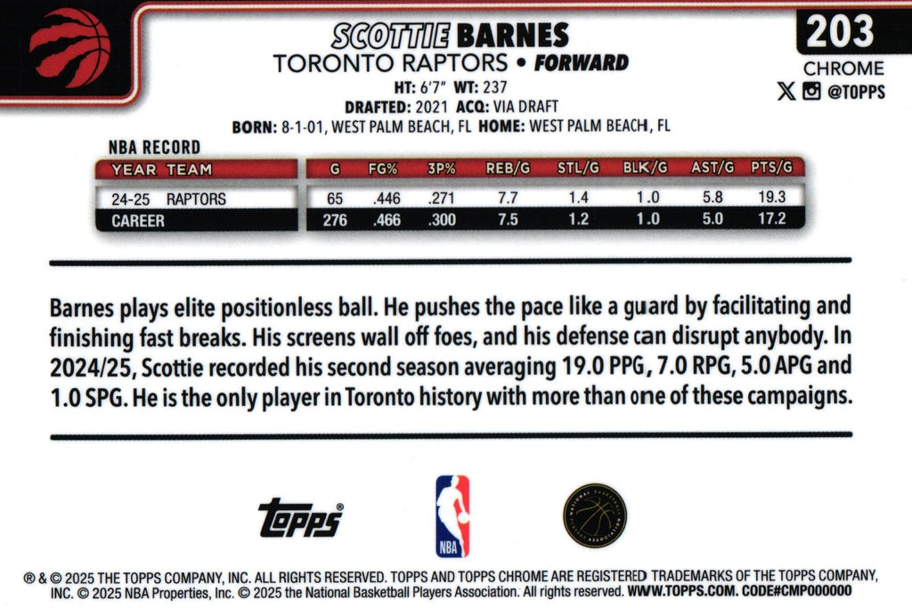 Scottie Barnes 2025 Topps #203, Raptors