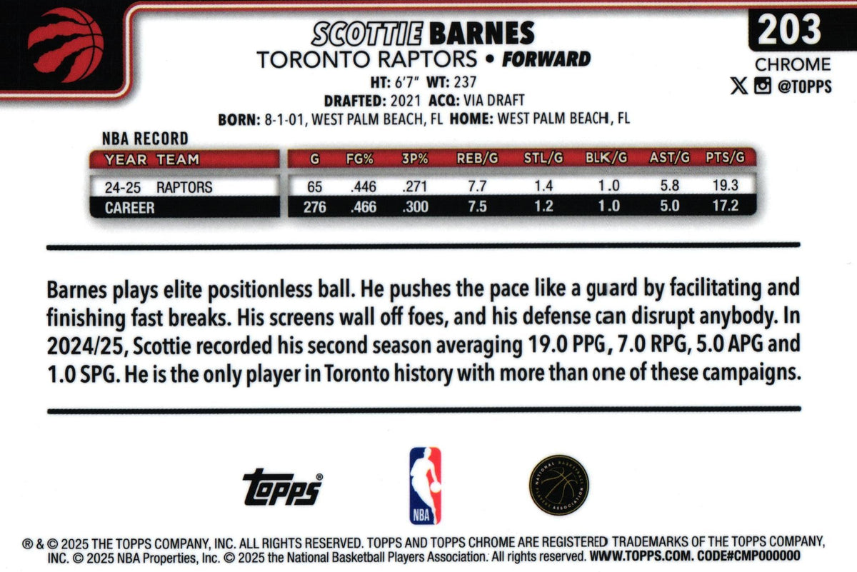 Scottie Barnes 2025 Topps #203, Raptors