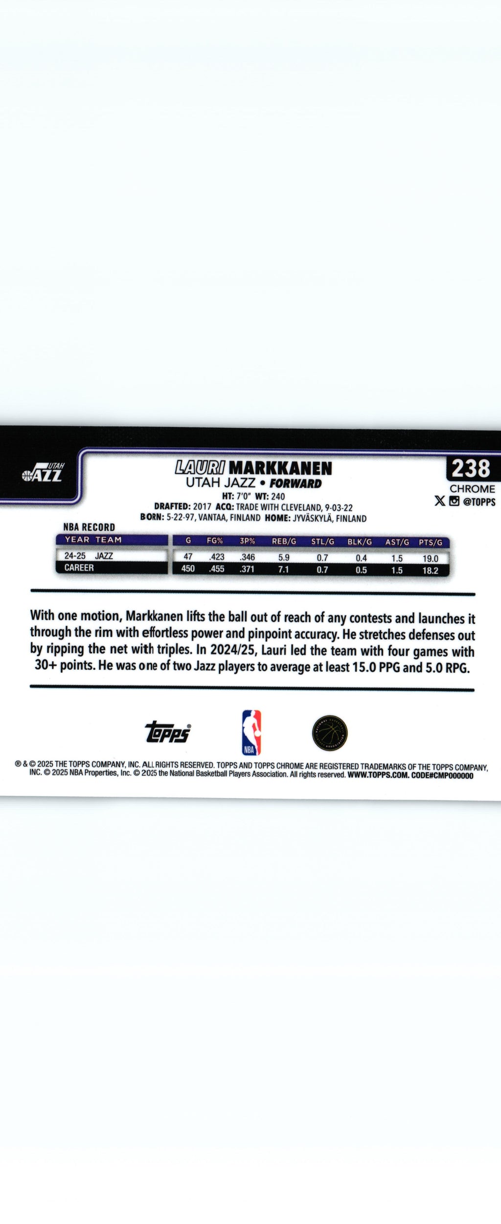 Lauri Markkanen 2025 Topps #238, Utah Jazz