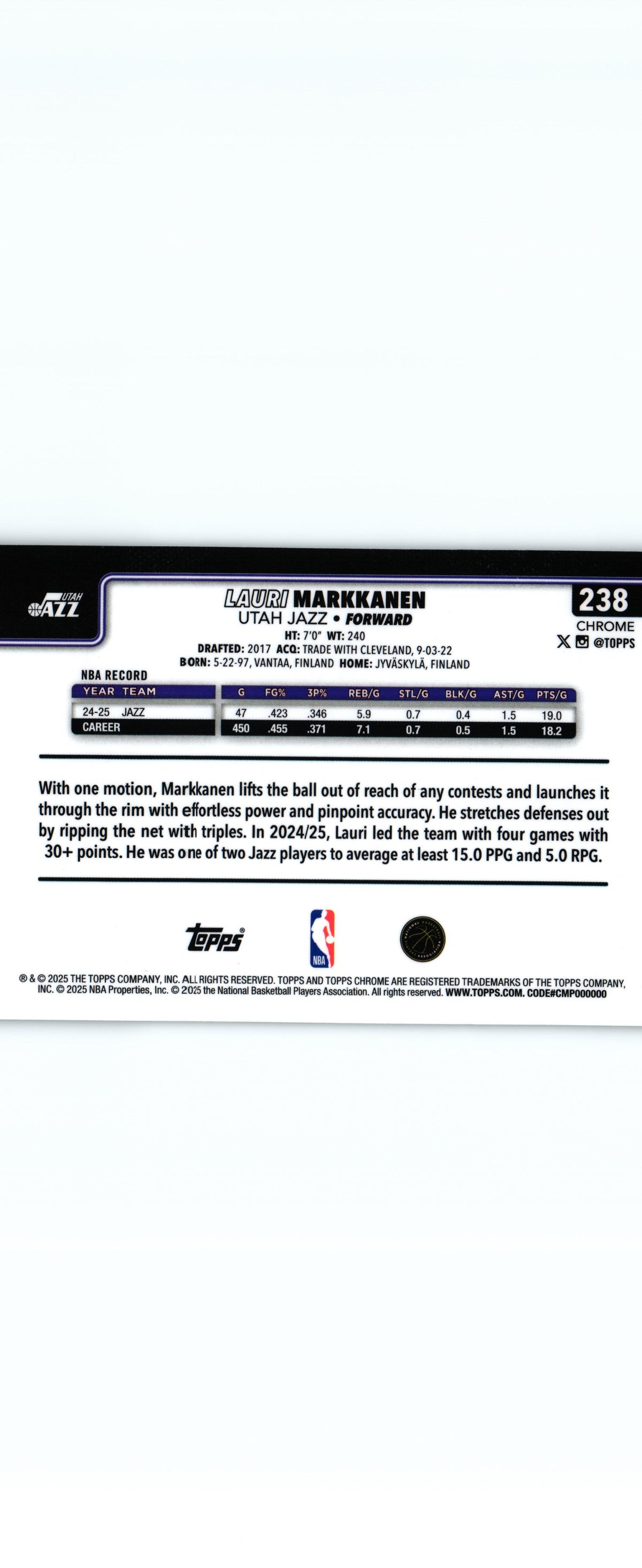 Lauri Markkanen 2025 Topps #238, Utah Jazz