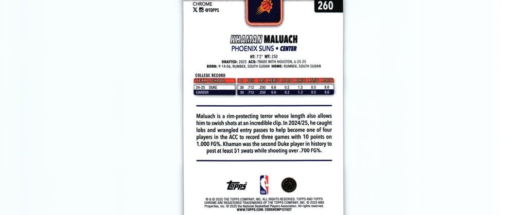 Khaman Maluach 2025 Topps #260 RC, Suns