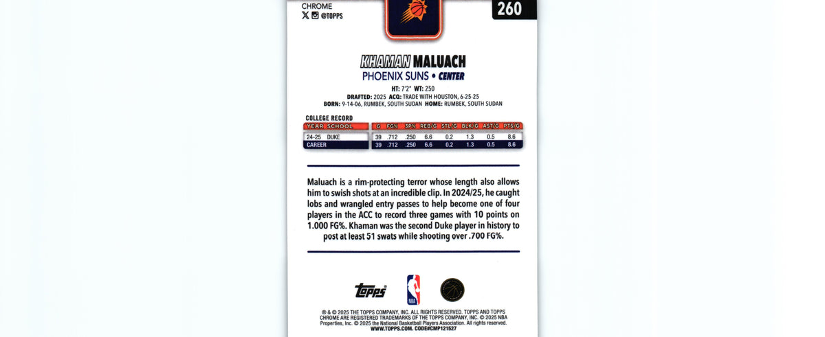 Khaman Maluach 2025 Topps #260 RC, Suns