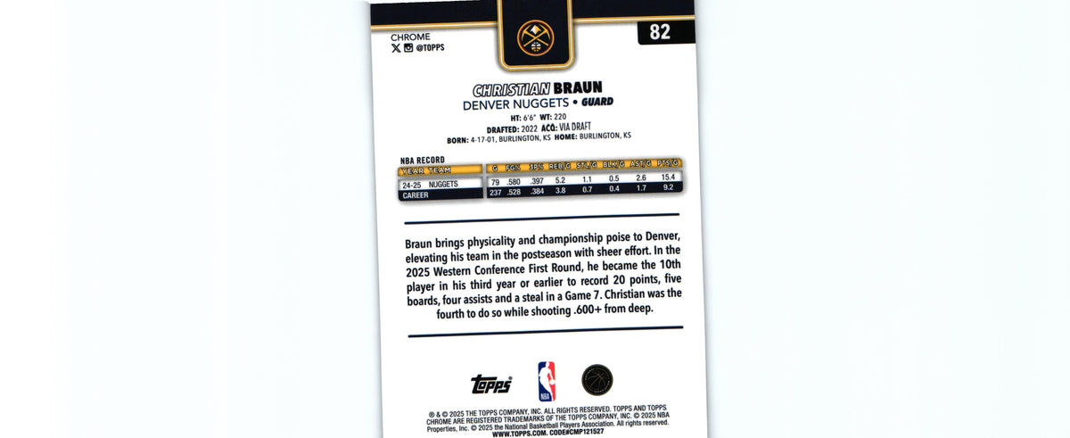 Christian Braun 2025 Topps #82, Nuggets