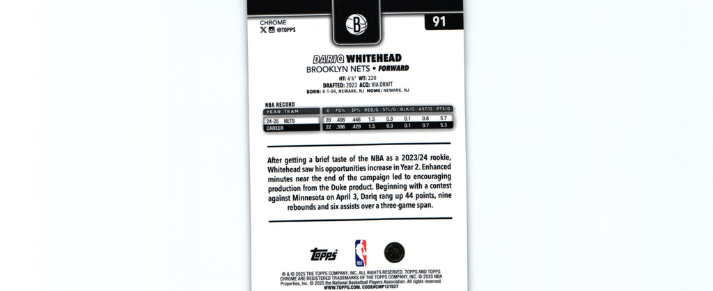 Dario Whitehead 2025 Topps #91, Nets