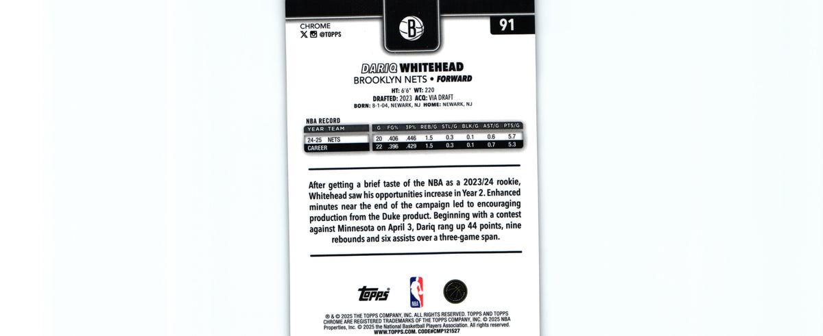 Dario Whitehead 2025 Topps #91, Nets
