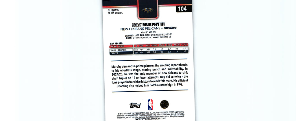 Trey Murphy 2025 Topps #104, Pelicans