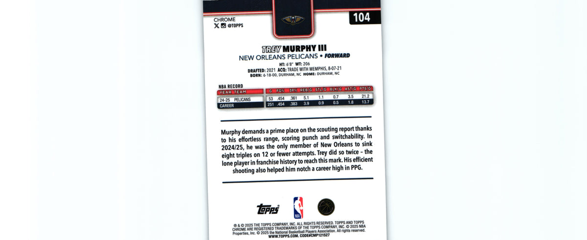Trey Murphy 2025 Topps #104, Pelicans