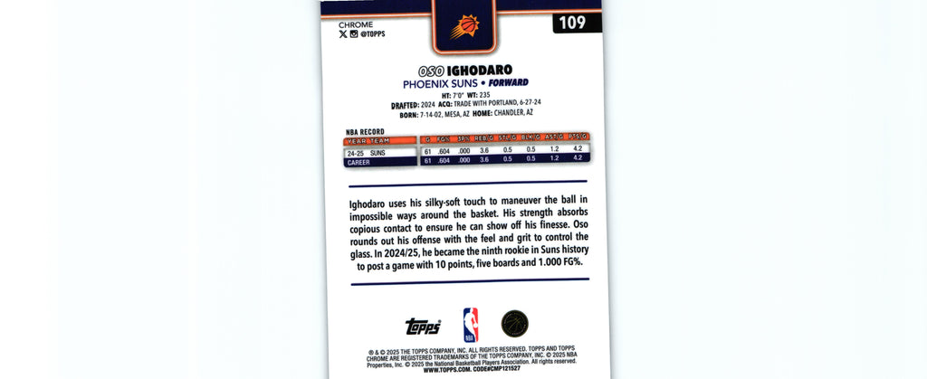Oso Ighodaro 2025 Topps #109, Suns