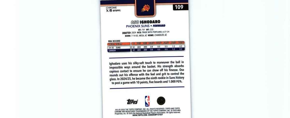 Oso Ighodaro 2025 Topps #109, Suns