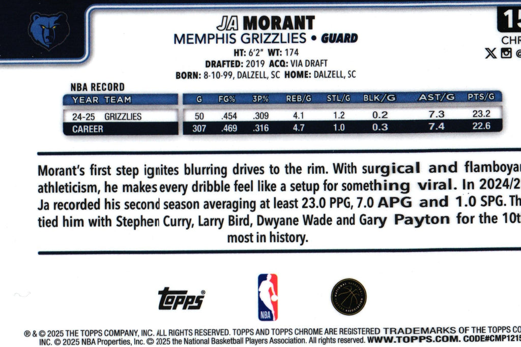 Ja Morant 2025 Topps #158, Grizzlies