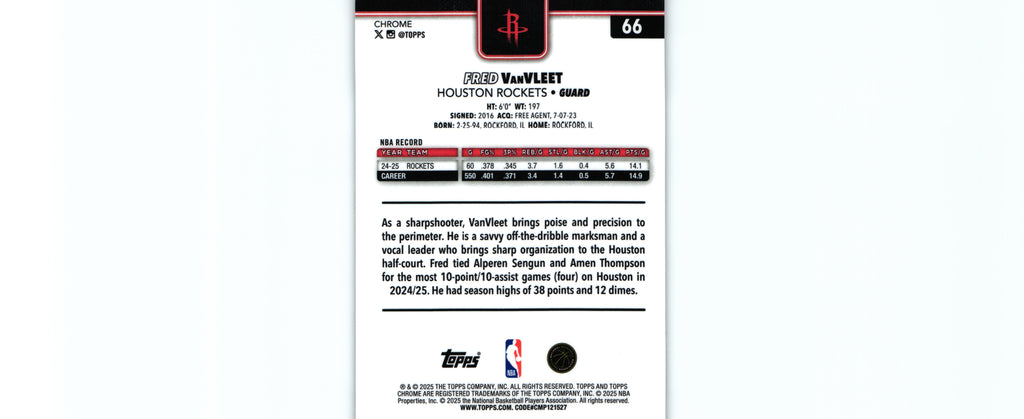 Fred Vanvleet 2025 Topps #66, Rockets