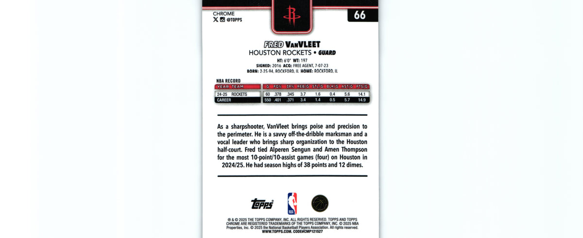Fred Vanvleet 2025 Topps #66, Rockets