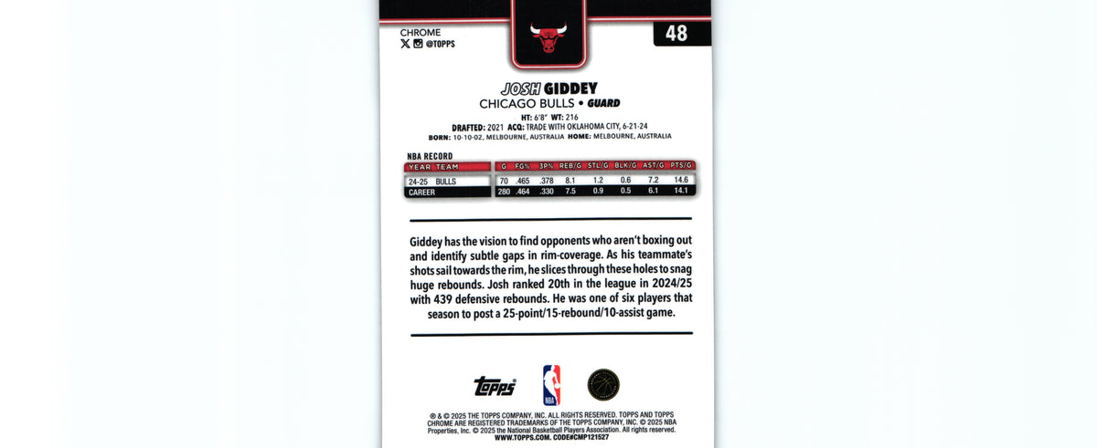 Josh Giddey 2025 Topps #48, Bulls