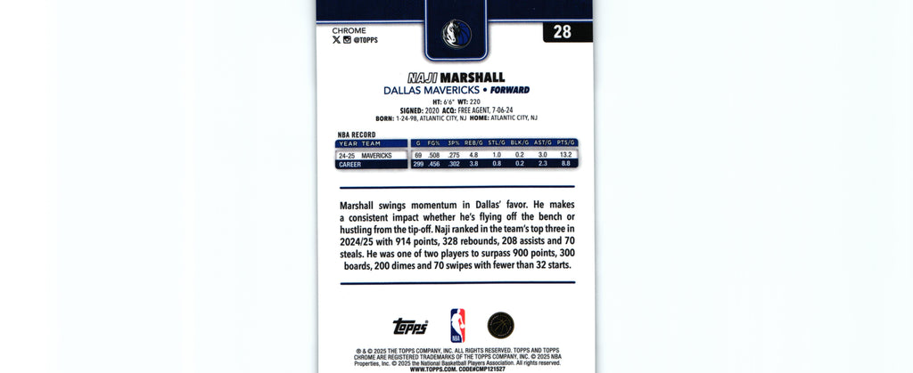 Naji Marshall 2025 Topps #28, Mavericks