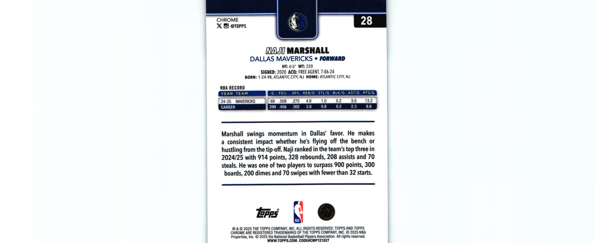 Naji Marshall 2025 Topps #28, Mavericks