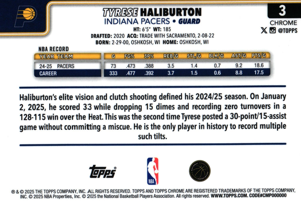 Tyrese Haliburton 2025 Topps #3, Pacers