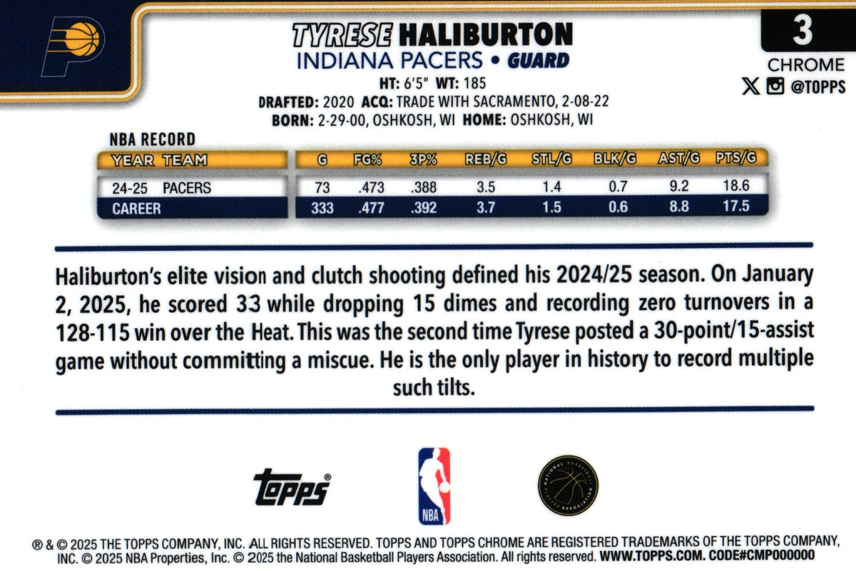 Tyrese Haliburton 2025 Topps #3, Pacers