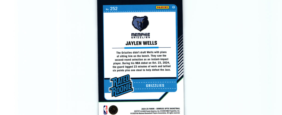 Jaylen Wells 2024 Donruss Optic #252 RC, Grizzlies