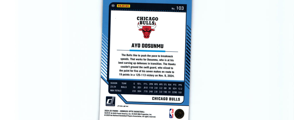 Ayo Dosunmu 2024 PINK HYPER Donruss Optic #103, Bulls