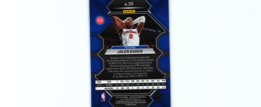 Jalen Duren 2022 Mosaic #225 RC, Pistons