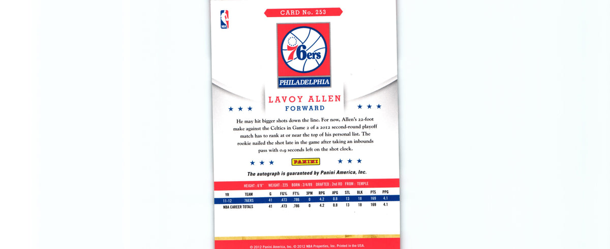 Lavoy Allen 2012 Hoops #253 AUTO, 76ers