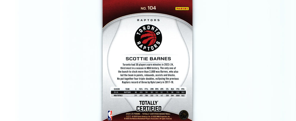 Scottie Barnes 2024 Totally Certified #104, Raptors