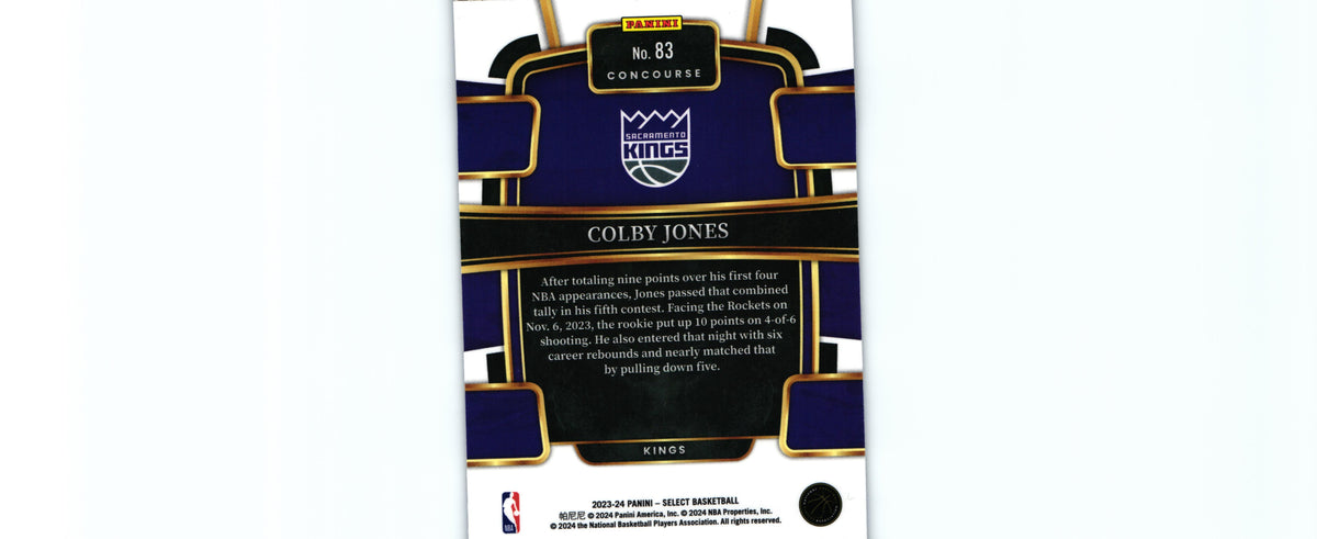 Colby Jones 2023 BLUE Select #83 RC, Kings