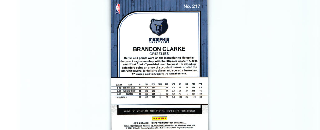 Brandon Clarke 2019 Hoops #217 RC, Grizzlies