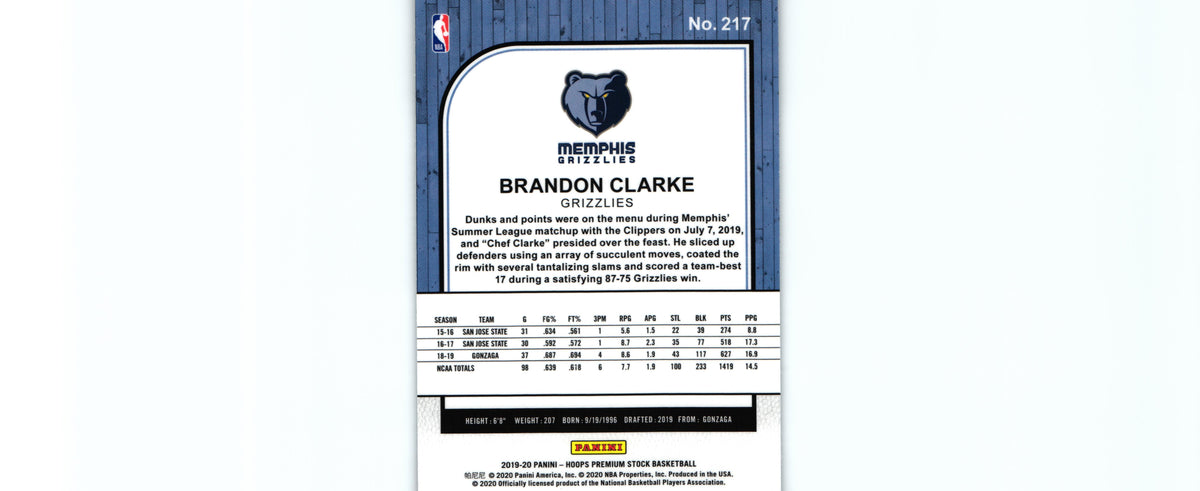 Brandon Clarke 2019 Hoops #217 RC, Grizzlies