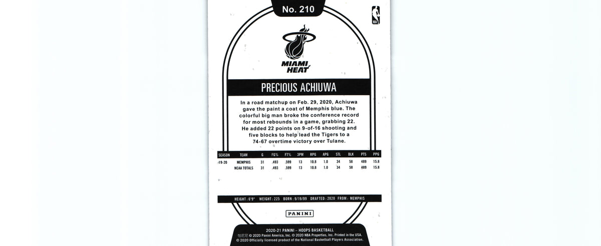 Precious Achiuwa 2020 HYPER BLUE Hoops #210 RC, Miami Heat
